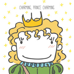 Hand drawn vector illustration of a cartoon prince with wavy hair, in a crown, with sparkles, text Charming, prince charming.