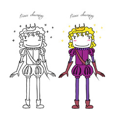 Hand drawn illustration of a happy cartoon prince charming with wavy hair, in a crown, in renaissance costume, with a sword, with sparkles.