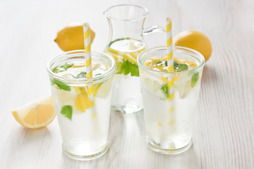 Fresh lemon water drink / Fresh lemon cold water drink lemonade with mint in two glass