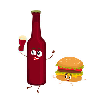 Funny beer bottle and yummy hamburger characters having fun, cartoon vector illustration isolated on white background. Funny smiling beer bottle and hamburger, cheeseburger, good company