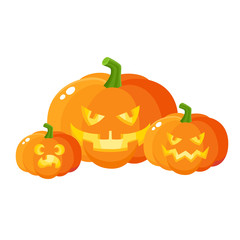 Three scary, spooky pumpkin jack-o-lanterns, Halloween decoration, cartoon vector illustration isolated on white background. Halloween pumpkin lanterns with carved out angry faces and spooky teeth
