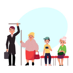 People, men and women, sitting and standing in subway train, cartoon vector illustration with space for text. Full length portrait of various people sitting and standing in subway