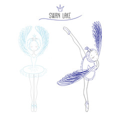 Hand drawn vector doodle of two beautiful ballerinas in white dancing Swan Lake, with text.