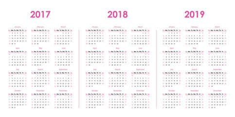 Calendar template for 2017, 2018, 2019 - obrazy, fototapety, plakaty