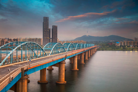 Seoul. Image of Seoul, South Korea with Dongjak Bridge and Hangang river at sunset.