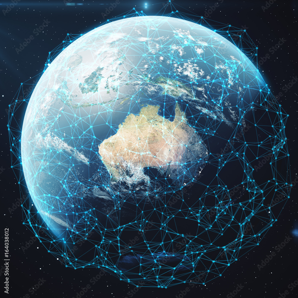 Poster 3d rendering network and data exchange over planet earth in space. connection lines around earth glo
