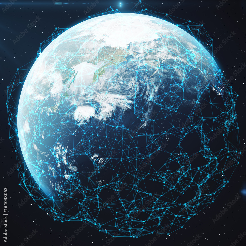 Poster 3d rendering network and data exchange over planet earth in space. connection lines around earth glo