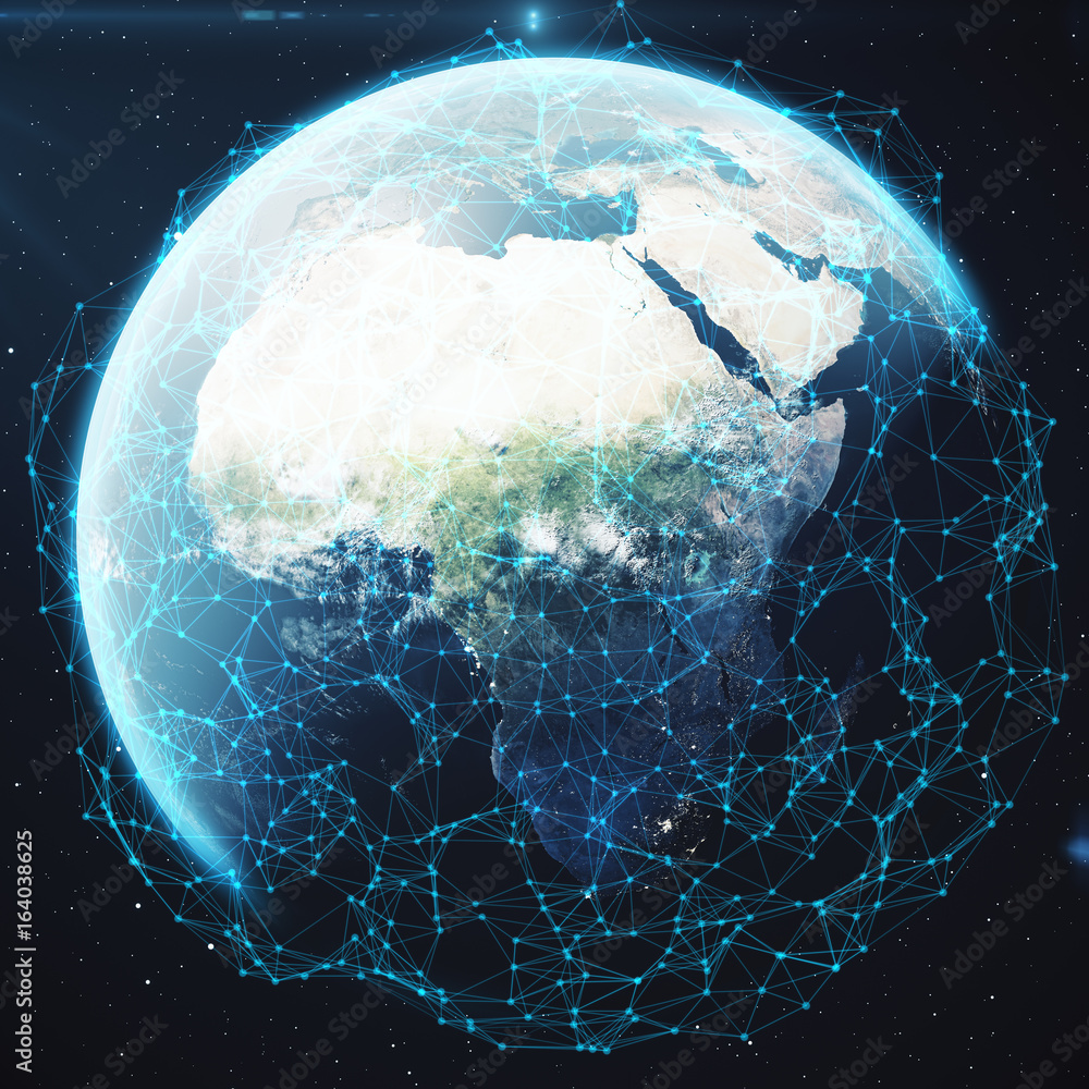 Poster 3d rendering network and data exchange over planet earth in space. connection lines around earth glo