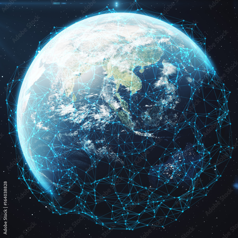 Poster 3d rendering network and data exchange over planet earth in space. connection lines around earth glo