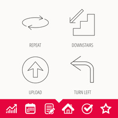 Arrows icons. Upload, repeat and shuffle linear signs. Turn left, downstairs arrow flat line icons. Edit document, Calendar and Graph chart signs. Star, Check and House web icons. Vector