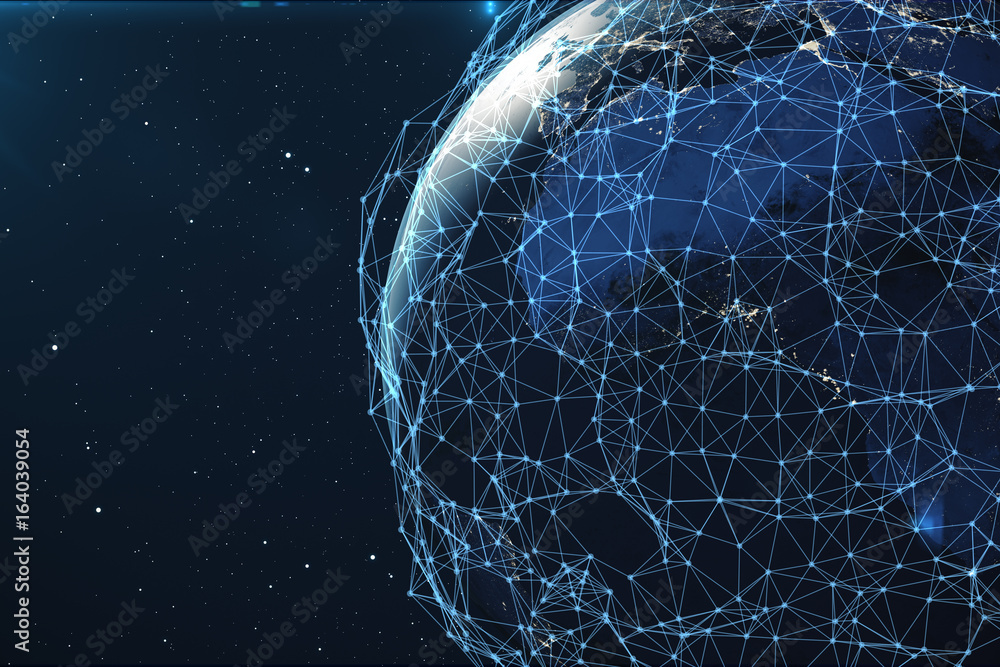Poster 3d rendering network and data exchange over planet earth in space. connection lines around earth glo