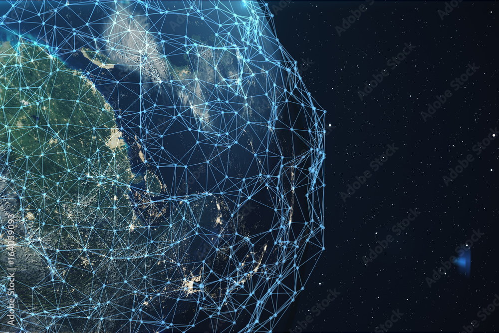 Poster 3d rendering network and data exchange over planet earth in space. connection lines around earth glo