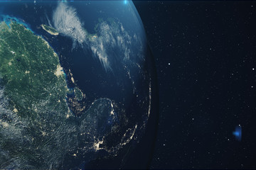 3D Rendering Planet earth from the space at night. The World Globe from Space in a star field showing the terrain and clouds Elements of this image furnished by NASA.