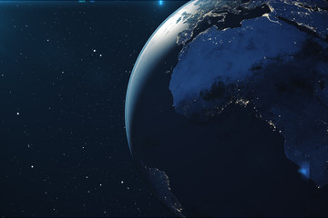 3D Rendering Planet earth from the space at night. The World Globe from Space in a star field showing the terrain and clouds Elements of this image furnished by NASA.