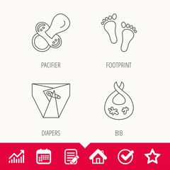 Pacifier, footprint and child diapers icons. Dirty bib linear sign. Edit document, Calendar and Graph chart signs. Star, Check and House web icons. Vector