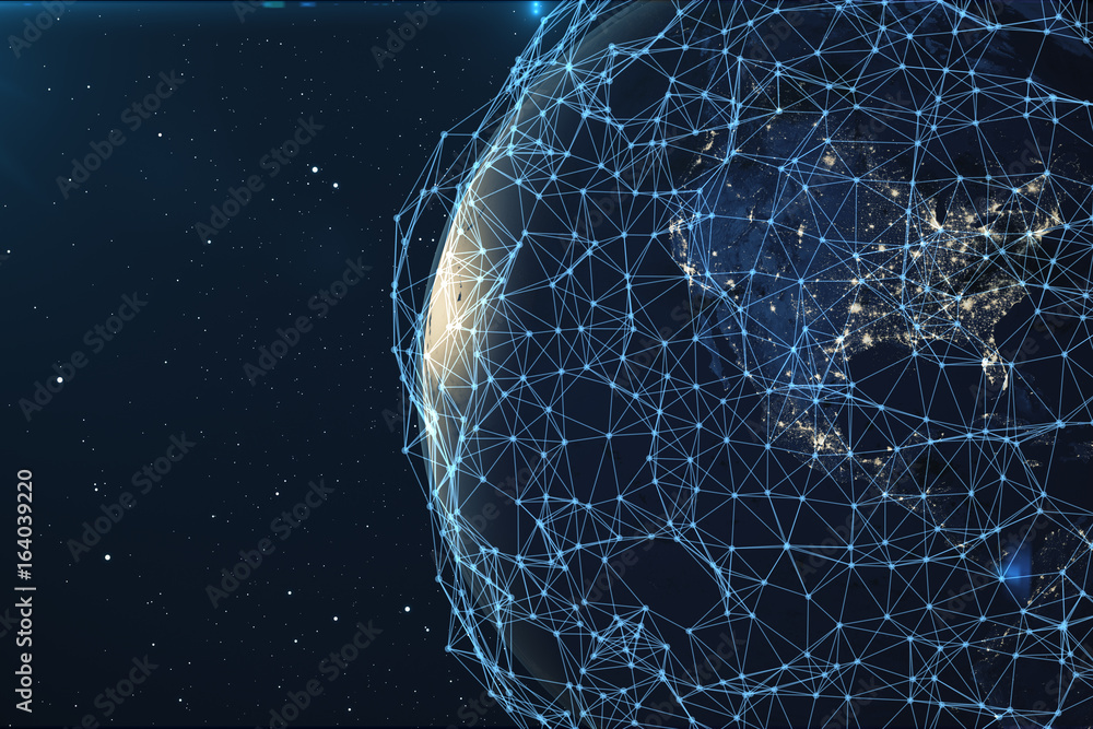 Poster 3d rendering network and data exchange over planet earth in space. connection lines around earth glo