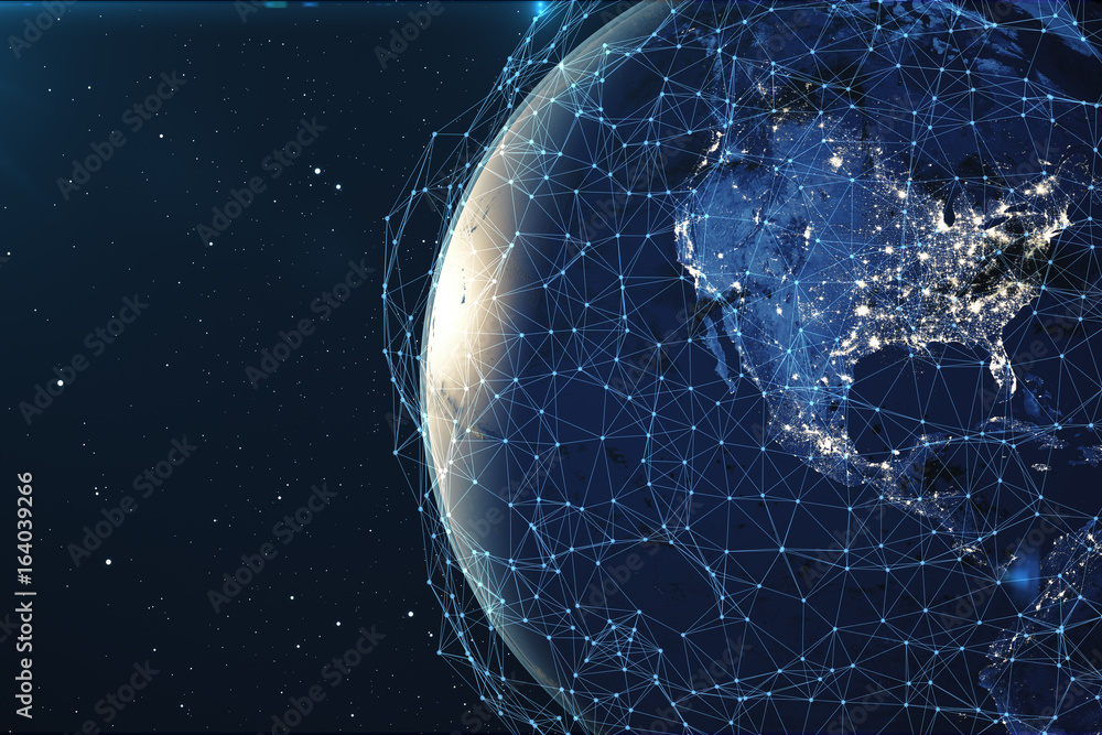 Poster 3d rendering network and data exchange over planet earth in space. connection lines around earth glo