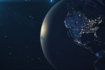 3D Rendering Planet earth from the space at night. The World Globe from Space in a star field showing the terrain and clouds Elements of this image furnished by NASA.