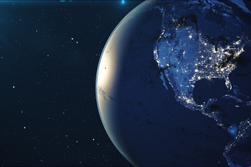 3D Rendering Planet earth from the space at night. The World Globe from Space in a star field showing the terrain and clouds Elements of this image furnished by NASA.