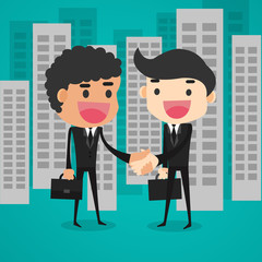 Businessman shaking hands with building urban background