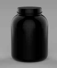 Black blank empty screw top front protein or gainer powder container tub and jar ready for your design labels. 3d render illustration.