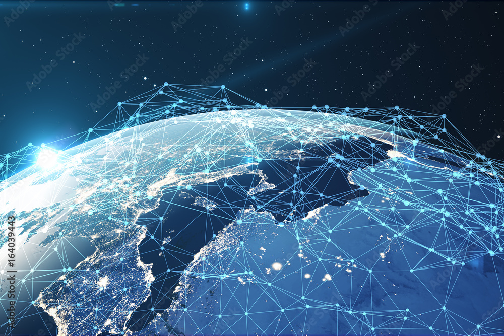 Poster 3d rendering network and data exchange over planet earth in space. connection lines around earth glo