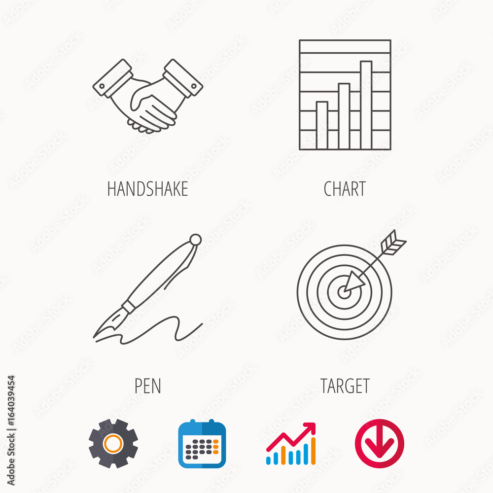 Poster handshake, graph charts and target icons. pen linear sign. calendar, graph chart and cogwheel signs.