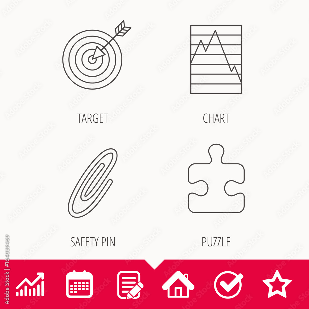 Poster puzzle, graph charts and target icons. safety pin linear sign. edit document, calendar and graph cha