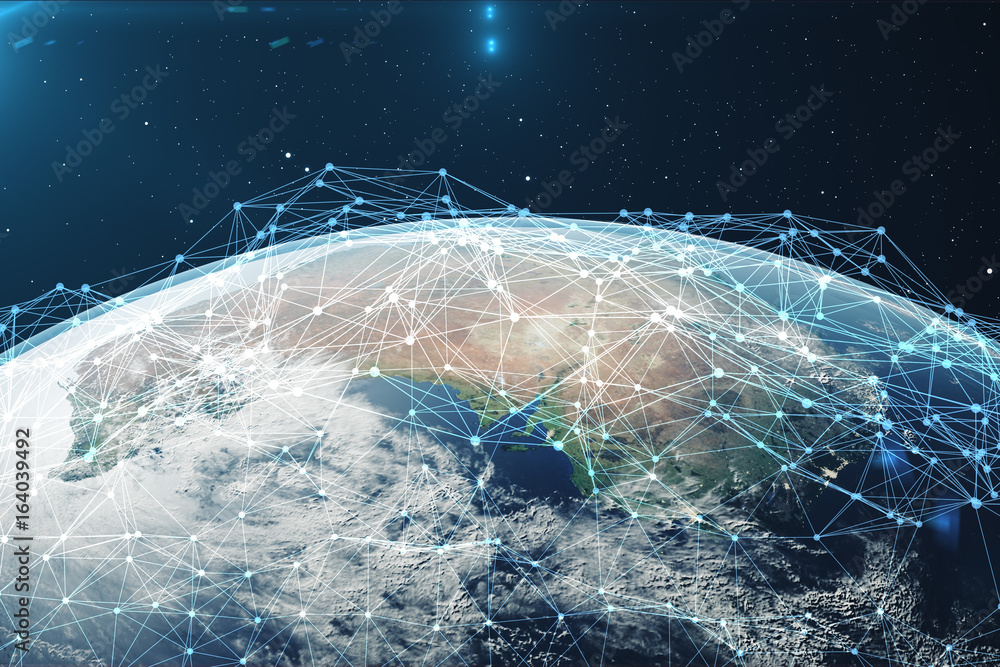 Poster 3d rendering network and data exchange over planet earth in space. connection lines around earth glo