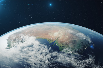 Obraz na płótnie Canvas 3D Rendering Planet earth from the space at night. The World Globe from Space in a star field showing the terrain and clouds Elements of this image furnished by NASA.