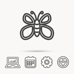 Butterfly icon. Flying lepidoptera sign. Dreaming symbol. Notebook, Calendar and Cogwheel signs. Download arrow web icon. Vector