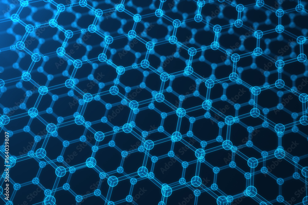 Poster 3d rendering abstract nanotechnology, glowing hexagonal geometric form close-up, concept graphene at