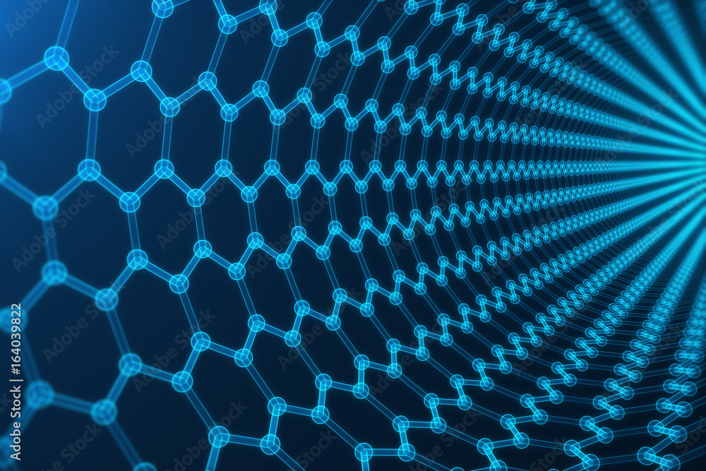 Poster 3d rendering abstract nanotechnology, glowing hexagonal geometric form close-up, concept graphene at