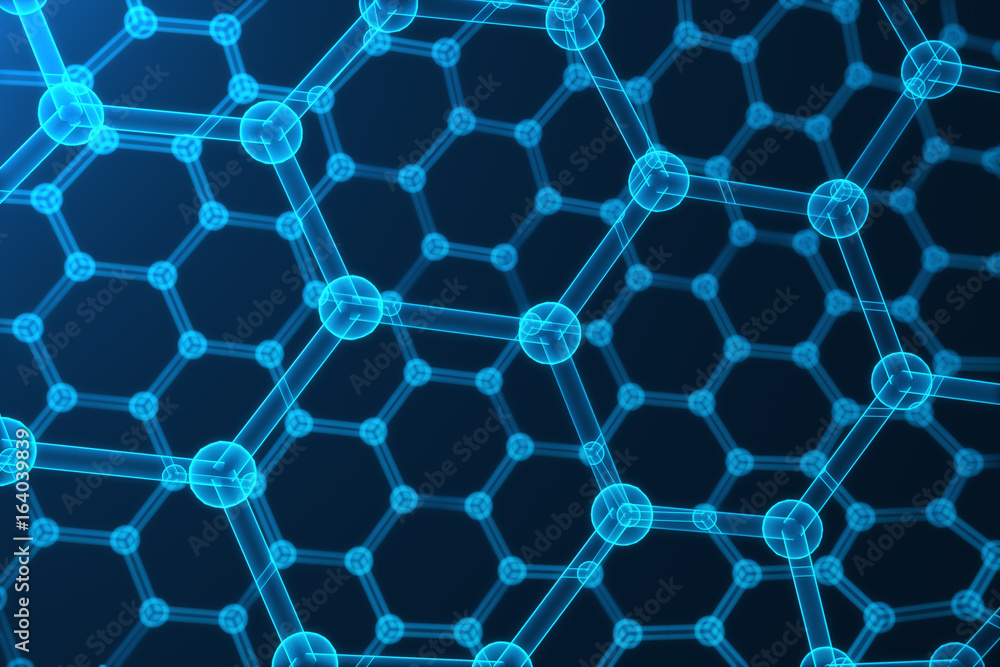 Poster 3d rendering abstract nanotechnology, glowing hexagonal geometric form close-up, concept graphene at