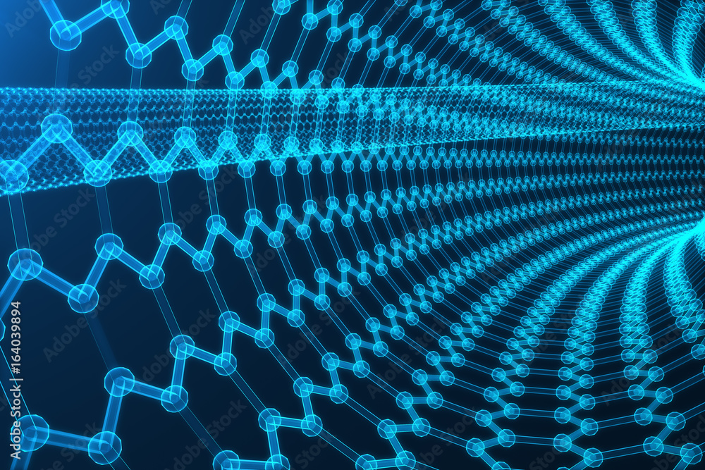 Poster 3d rendering abstract nanotechnology hexagonal geometric form close-up, concept graphene atomic stru