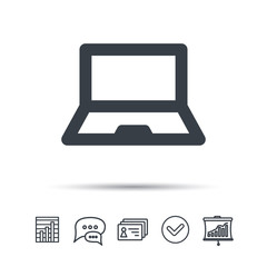 Computer icon. Notebook or laptop pc symbol. Chat speech bubble, chart and presentation signs. Contacts and tick web icons. Vector