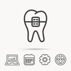 Dental braces icon. Tooth healthcare sign. Orthodontic symbol. Notebook, Calendar and Cogwheel signs. Download arrow web icon. Vector