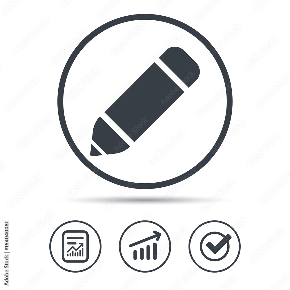 Poster edit icon. pencil for drawing symbol. report document, graph chart and check signs. circle web butto