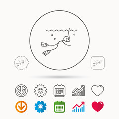 Diving icon. Swimming underwater with tube sign. Scuba diving symbol. Calendar, Graph chart and Cogwheel signs. Download and Heart love linear web icons. Vector