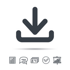 Download icon. Load internet data symbol. Chat speech bubble, chart and presentation signs. Contacts and tick web icons. Vector