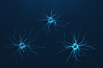 Conceptual illustration of neuron cells with glowing link knots. Synapse and Neuron cells sending electrical chemical signals. Neuron of Interconnected neurons with electrical pulses, 3D rendering