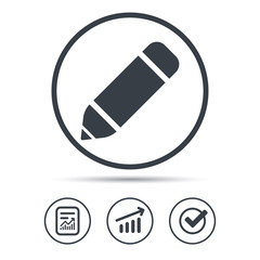 Edit icon. Pencil for drawing symbol. Report document, Graph chart and Check signs. Circle web buttons. Vector