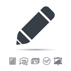 Edit icon. Pencil for drawing symbol. Chat speech bubble, chart and presentation signs. Contacts and tick web icons. Vector