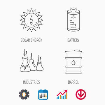 Solar energy, battery and oil barrel icons. Industries linear sign. Calendar, Graph chart and Cogwheel signs. Download colored web icon. Vector