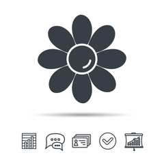 Flower icon. Florist plant with petals symbol. Chat speech bubble, chart and presentation signs. Contacts and tick web icons. Vector
