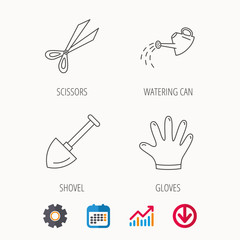 Scissors, shovel and gloves icons. Watering can linear sign. Calendar, Graph chart and Cogwheel signs. Download colored web icon. Vector