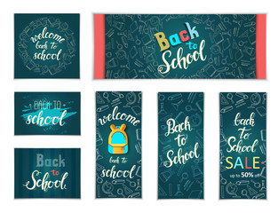 Fototapeta na wymiar Design Web banners of different sizes. Hand written trendy quote 'Back to school, Back to school Sale, up to 50%