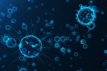 Viruses in infected organism, viral disease epidemic, virus abstract on blue glowing tint background, 3d rendering