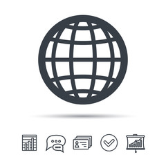 Globe icon. World or internet symbol. Chat speech bubble, chart and presentation signs. Contacts and tick web icons. Vector