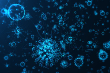 Viruses in infected organism, viral disease epidemic, virus abstract on blue glowing tint background, 3d rendering